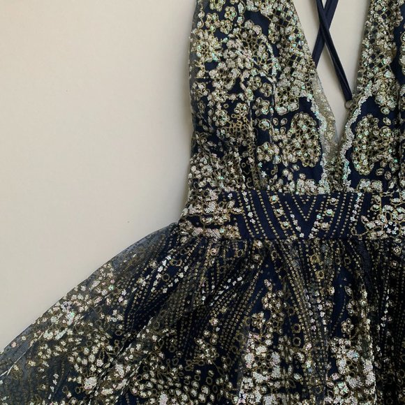 Luxxel Backless Sequin Mini Dress | Blue and Gold  | Size M - Picture 3 of 14